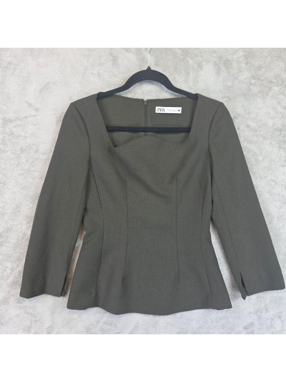 Zara Blouse Womens S Green 3/4 Sleeve Zip Back Fitted Topstitched Woven Top